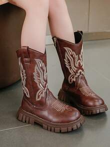 Autumn/Winter New Retro Embroidered Children High-Top Boots, Girls PU Kids Boots, Classic Zipper Boots, Fashionable Versatile Flat Boots Suitable For School