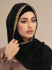 1pc Solid Color Faux Pearl & Gold Floral Chiffon Scarf, Casual Elegant Breathable Hijab, Suitable For Outdoor, Beach, Daily Wear For Dress,Holiday - Golden Double-sided Flower Chiffon Scarf - View 6
