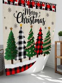 1 Stück/4 Stücke fröhliche Weihnachten bunte Weihnachtsbaum Muster multifunktionale wasserdichte Duschvorhang mit 12 Haken, rutschfeste Badezimmermatte, U-förmige Bodenmatte und runde Toilettendeckelabdeckung, Badezimmer-Set für alle Situationen