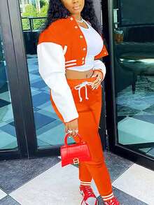 Fooullaide Womens Two Piece Tracksuit Button Down Cropped Varsity Jacket Pants Set Jogger Sweatsuit - 橘色 - 查看 5