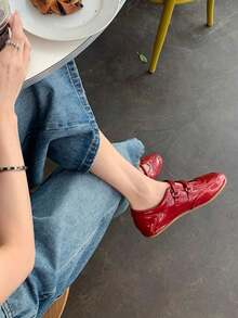 Giày Mary Jane đế bệt mũi tròn cổ điển màu đỏ mùa xuân 2025, giày da đế bằng, mùa thu, mùa thu, giày da thường ngày cho nữ - Đỏ - Xem 8