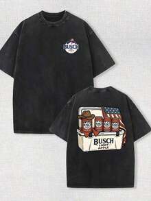 230G Retro Washed Cotton-Shirt, Busch Light Beer Camping Graphic Double-Sided Print, Loose Fit Round Neck, Unisex Summer Streetwear, Outdoor Holiday Fashion New Arrival - 黑色 - 查看 1