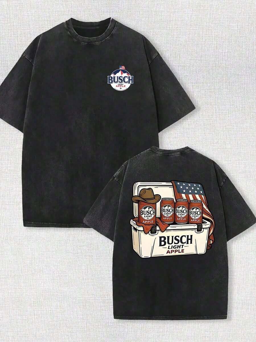 230G Retro Washed Cotton-Shirt, Busch Light Beer Camping Graphic Double-Sided Print, Loose Fit Round Neck, Unisex Summer Streetwear, Outdoor Holiday Fashion New Arrival - 黑色 - 查看 1