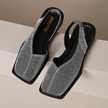 女士弹力一脚蹬方头凉鞋 - 春/秋季包头平底鞋，采用闪光面料鞋面、舒适橡胶鞋底和脚踝支撑带 - 适合休闲和正式穿着，时尚耐用的防滑设计 - 灰色 - 查看 17