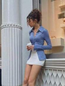 女士时尚撞色条纹前扣长袖秋季修身纽扣长款设计衬衫 - 藍色 - 查看 5