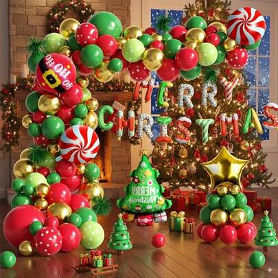 圣诞气球花环拱门套装，154 个红色、金色和绿色乳胶气球，包括拐杖糖“圣诞快乐”铝箔气球，适用于圣诞节、新年、棒棒糖派对装饰