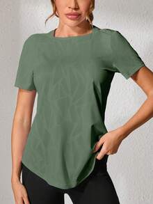 1 件大码女士健身、舞蹈、瑜伽提花休闲运动上衣，专业宽松运动衬衫，镂空背部设计，夏季新款白色宽松修身露背短袖运动 T 恤，适合普拉提训练 - 軍綠色 - 查看 2