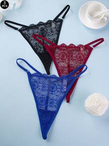 3 pièces Culottes tanga avec bretelles en dentelle et chaîne, confortables pour un port quotidien pour femmes