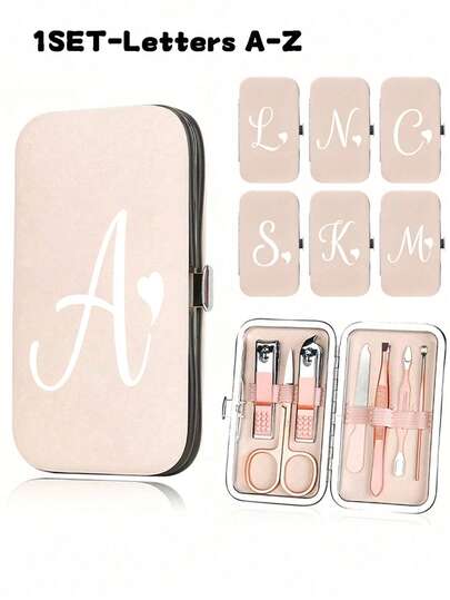 7pcs Pink Travel Manicure Set With Minimalist White Letter A-Z & Heart Pattern. The Spacious Storage Case Includes Stainless Steel Tools And A Super Sharp Splash-Proof Nail Clipper Set. Ideal For Carrying Nail Care Essentials On The Go, Whether For Travel, Outdoor Activities, Boarding School, Home Use, Or As A Christmas Gift.