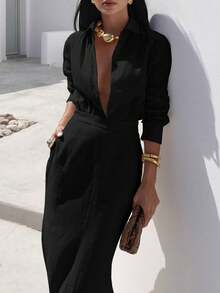 女士休闲长袖衬衫和口袋中长裙套装，秋季 - 黑色 - 查看 3