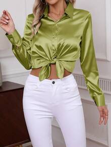 2026新款优雅纯色长袖衬衫，经典职业装女式衬衫，春季款 - 橄欖綠 - 查看 4