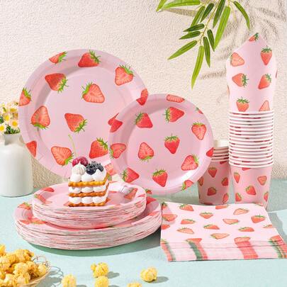 Engångsservis med rosa jordgubb, 7/9 tums festtallrikar, servetter, koppar, födelsedagsfestpresenter, festdekorationer lämpliga för födelsedagstemafesttillbehör