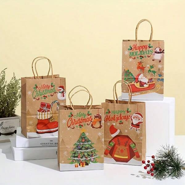 5/10/25pcs Christmas Gift Bags, Handled Christmas Kraft Paper Bags, Holiday Packaging Kraft Paper Bags, Sturdy Brown Kraft Paper Bags, Santa Claus, Reindeer, Snowflake Patterns - Suitable For Home, Office Or Commercial Use - Christmas Party Decor, Holiday Gift Wrapping, Large Capacity Christmas Gift Boxes