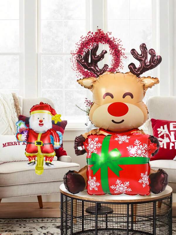 2pcs 3D Christmas Reindeer Sitting Gift Box Balloon Set, Featuring Cute Sitting Reindeer Holding Gift Box And Mini Santa Claus Holding Present, Suitable For Christmas Party Decor, Indoor Christmas Decoration, New Year Party Home Decor, Holiday Party Supplies