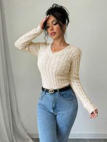 1pc Teen Girls' Simple Solid Color Comfortable Casual Outdoor Warm Thick Twist Rope V-Neck Knit Sweater, Suitable For Spring, Autumn & Winter - Apricot - View 4