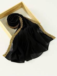 1pc Solid Color Faux Pearl & Gold Floral Chiffon Scarf, Casual Elegant Breathable Hijab, Suitable For Outdoor, Beach, Daily Wear For Dress,Holiday - Golden Double-sided Flower Chiffon Scarf - View 10