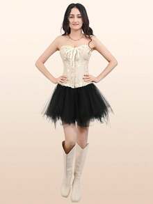 Lacing Corset For Women Lace Boned Overbust Body Shaper Bustier Sexy Satin Black White Brocade Lingeries Shapewear Top Plus Size S-6XL Beige - 米色 - 查看 5