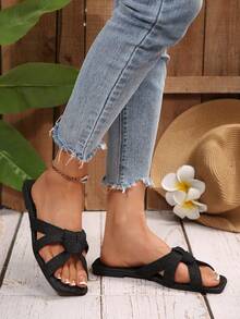 Women's Flat Square Toe Criss-Cross Strap Sandals, Camouflage Solid Color Fashion Elegant Fabric Bowknot Slippers For Indoor And Outdoor, Spring/Summer - Black - View 5