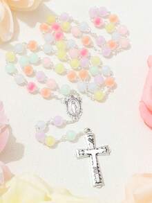 1pc Candy Texture Beaded Handmade Cross Necklace Rosary Baptism Gift, Virgin Mary Jesus Cross Pendant