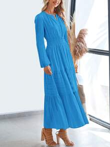 Women Fall Maxi Dresses Long Sleeve High Waist Tiered Flowy A-Line Boho Bohemian Long Dress Beach Holiday Vacation Wedding Guest Valentine Outfit - 亮藍色 - 查看 4