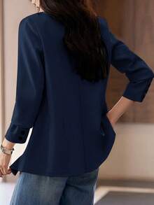 Women's Single Breasted Long Sleeve Blazer With Buttoned Cuffs - Navy Blue - View 2