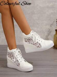 Tênis Casual com Cadarço Branco, Bico Redondo, Tecido de Tela e Salto Embutido, Tênis Feminino Confortável para Primavera e Outono - Branco - Visão 5