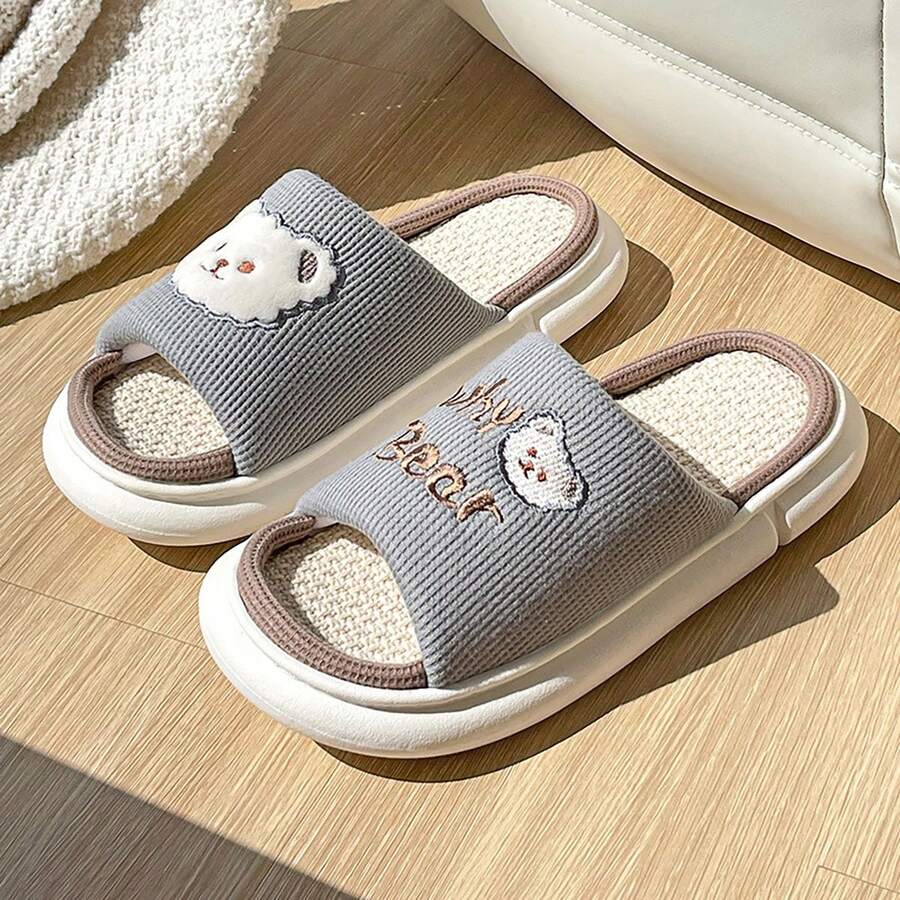 Pantufla lino para mujeres, resistentes al desgaste, antideslizantes, con suela gruesa para uso al interior y exterior - Gris - Ver 1