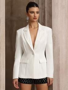 女士翻领撞色蕾丝露背系带假口袋修身派对西装外套，优雅时尚的设计适合各种派对和婚礼，非常适合办公室穿着和社交活动 - 白色 - 查看 2