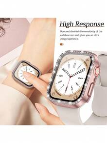 1pc Unisex Shiny Rhinestone Decorated Fashionable Scratch-Resistant 2-In-1 Ultra-Thin Tempered Glass Screen Protector & Watch Case, Compatible With Apple Watch 38/40/41/42/44/45/46/49mm, Suitable For Apple Watch Series Ultra/SE/11/10/9/8/7/6/5/4/3/2/1, Smart Watch Accessory - Rose Pink - View 4