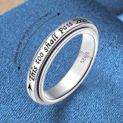 925 纯银旋转戒指 - “这一切都会过去”字样，可调节 6-10 美国尺寸，波西米亚复古风格，男女皆宜