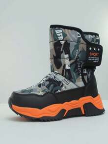 1 Pair Winter Camouflage Letter Outdoor Ski Boots For Boys, Thick & Warm Teenage Snowboots For Outdoor Activities, 1 Pair Fashionable Thick Thermal Lined Winter Boots For Girl