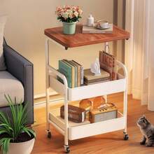 Senmeo 3-Tier Metal Utility Rolling Cart With Wooden Table Top, Storage Cart White Trolley Kitchen Organizer Rolling Desk With Locking Wheels For Office, Classroom, Dorm, Bedroom - 白色 - 查看 9