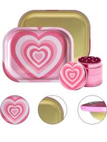 BROS 2 件心形香草研磨器卷盘组合少女粉色烟草套装心形图案玻璃烟灰缸、研磨器、储物托盘，适合男朋友和女朋友的生日礼物、圣诞节礼物 - 彩色 - 查看 3