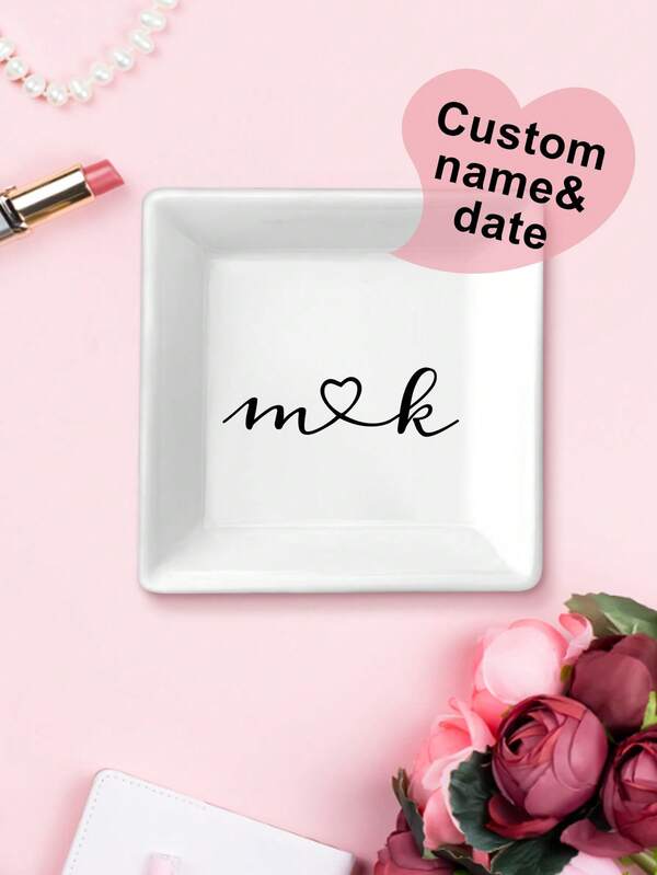 1pc Personalized Jewelry Tray – Custom Initials, Letters, Or Name Printed Trinket Dish, Elegant Ceramic Ring Dish For Rings, Earrings, Bracelets, Necklace Storage, Unique Gift For Women, Mom, Wife, Girlfriend, Sister, Friends, Perfect For Wedding, Engagement, Anniversary