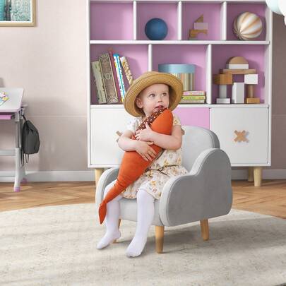  ZONEKIZ Kids Armchair Toddler Sofa Children Chair With Arm Rest, Wooden Frame, Velvet, PP Legs, Cloud Shape, For Ages 1.5-3 Years - Grey