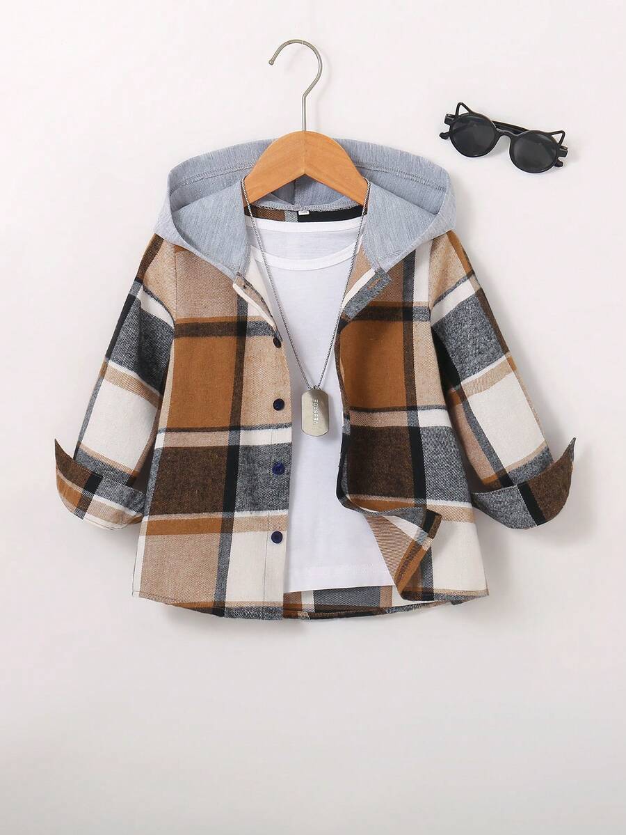 男童休闲舒适连帽长袖单排扣衬衫，秋季 - 彩色 - 查看 1