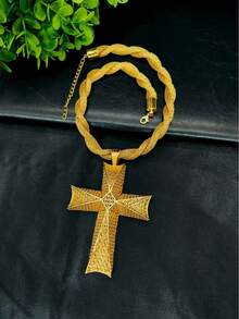 1pc Cross Pendant Necklace, Gold Color, Suitable For European, African, Brides, Weddings, Parties, Daily Wear, Holiday Gift - Yellow Gold - View 2