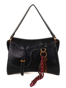 1 件女士纯色复古 PU 单肩斜挎包（尺寸：26 * 19 * 6 厘米），时尚经典手提包，带钥匙扣吊坠和配饰，适合放置手机、钱包、通勤、办公室、购物 - 黑色 - 查看 6