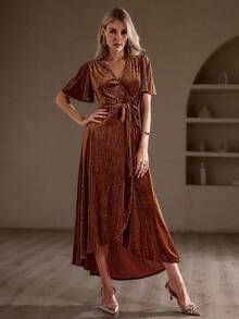 Simplee Women's Autumn/Winter New Brown Velvet Fabric Butterfly Sleeve Tie-Waist Wrap Long Vintage Elegant Dress, Red Christmas Dress, Wedding Guest Dress, Birthday Dress