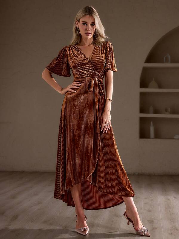 Simplee Women's Autumn/Winter New Brown Velvet Fabric Butterfly Sleeve Tie-Waist Wrap Long Vintage Elegant Dress, Red Christmas Dress, Wedding Guest Dress, Birthday Dress