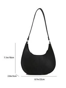 1 pièce Sac à bandoulière en croissant zippé en PU de couleur unie à texture de litchi, portable, convenant pour un usage quotidien des femmes en automne/hiver - Noir - Voir 2