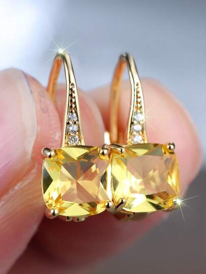 1 Pair Elegant Yellow Square Cubic Zirconia Earrings, Decorative Jewelry Gift For Women, Suitable For Dating