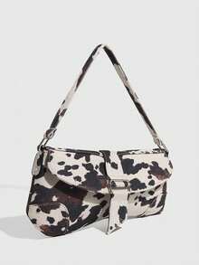 时尚女士手提包，复古Y2K宝贝风格女士单肩包，撞色奶牛纹马鞍包，Y2K腋下包，个性化不对称手提包，时尚撞色小钱包 - 白色 - 查看 3