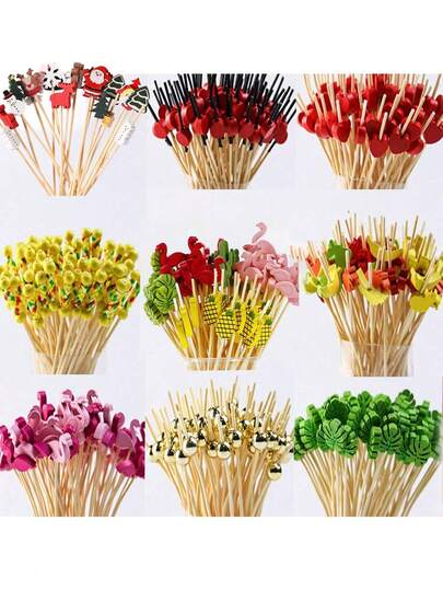 100 piezas Palitos de fruta, Palitos de bambú, Palitos de flores, Tenedores de fruta, Palillos creativos de arte, Palitos de bambú de decoración, Tenedores de arte para pasteles y hamburguesas, Adecuados para decorar bebidas y postres, Cocina, Regalo de Navidad