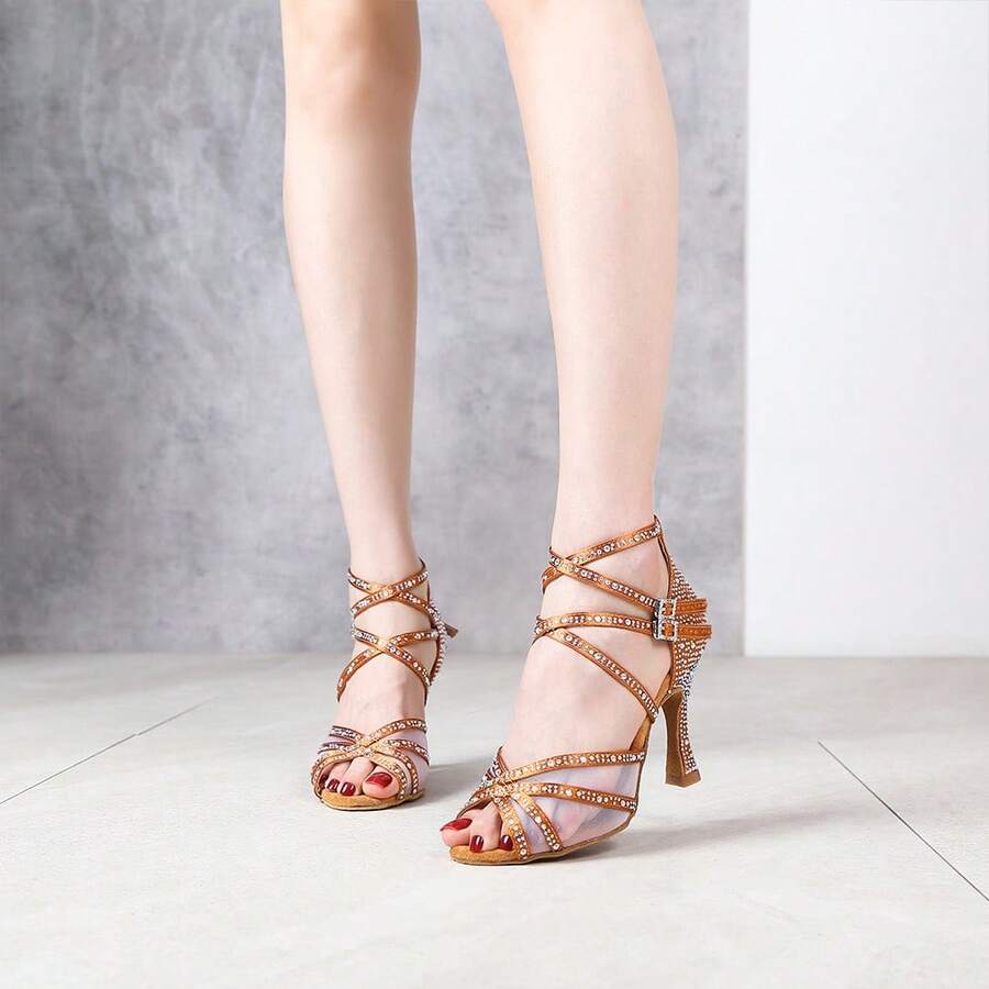 1 Pair Black/ Dance Shoes Mesh Latin Dance Shoes Soft Bottom Silk Satin Tango Jazz Modern Ballroom Dance Shoes 9cm Heel - Brown - View 1