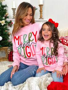 Mommy And Me Matching Christmas Sweatshirts Family Matching Xmas Outfits Long Sleeve Crewneck Let It Snow/Merry Christmas/Merry Bright Letter Print Sweatshirts Pullover Tops Winter Fall Clothes - 粉色 - 查看 2