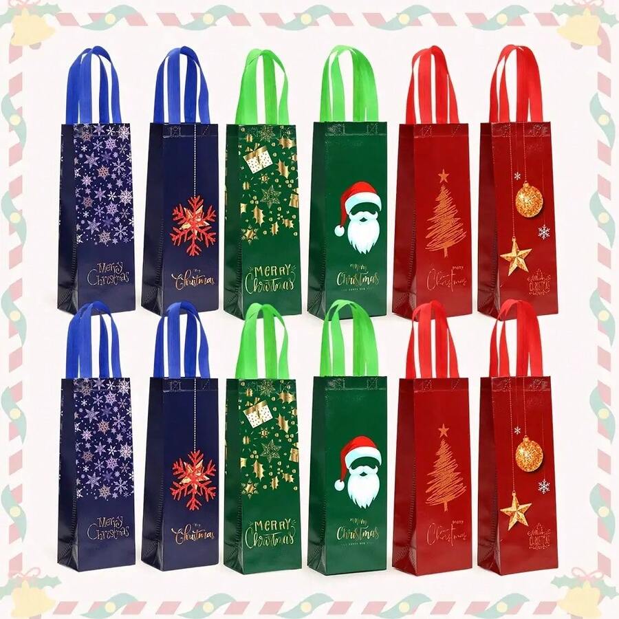 Bulk Christmas Wine Bottle Gift Bags - Elegant Holiday Design (Snowflake, Tree, Santa Hat) - Navy Blue/ - Sturdy Non-Woven Fabric, Suitable For Christmas Party Gifts, Wine Bottle Decor - Easy Closure Design, Packaging - Suitable For Home, Office Or Commercial Use, With Die-Cut Handle Closure - Multicolor - View 1