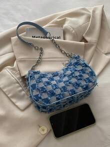 Fashionable Versatile Solid Color New Floral Print Shoulder Bag, Casual Minimalist Baguette Small Square Bag For Women - Blue - View 7