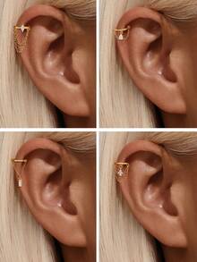 1pc S925 Sterling Silver Ear Cuff Earring, Hypoallergenic Ear Piercing Jewelry, Double Chain Design - Gold - View 12