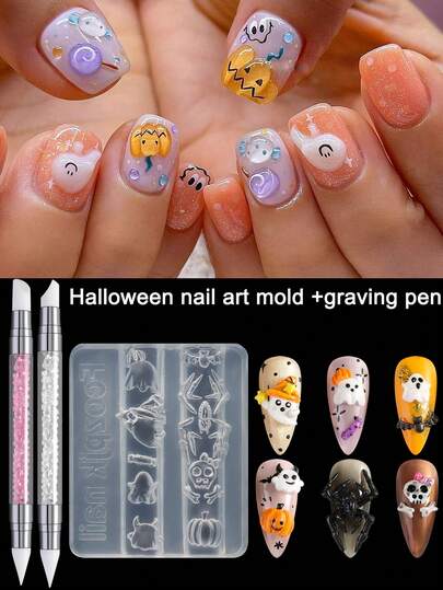 1 件万圣节主题美甲模板工具 + 1 件白色/粉色双头硅胶雕刻美甲笔，可爱南瓜鬼蜘蛛恐怖 3D 图案设计美甲雕刻模具，适用于女性 DIY 美甲沙龙美甲用品